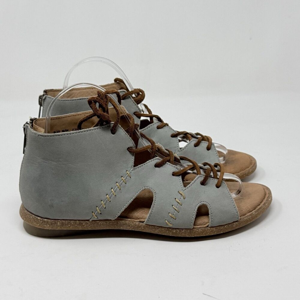 Born Nea Gladiator Sandals Womens 8 EU 39 Blue Gray Leather Back Zip Tie Up Boho